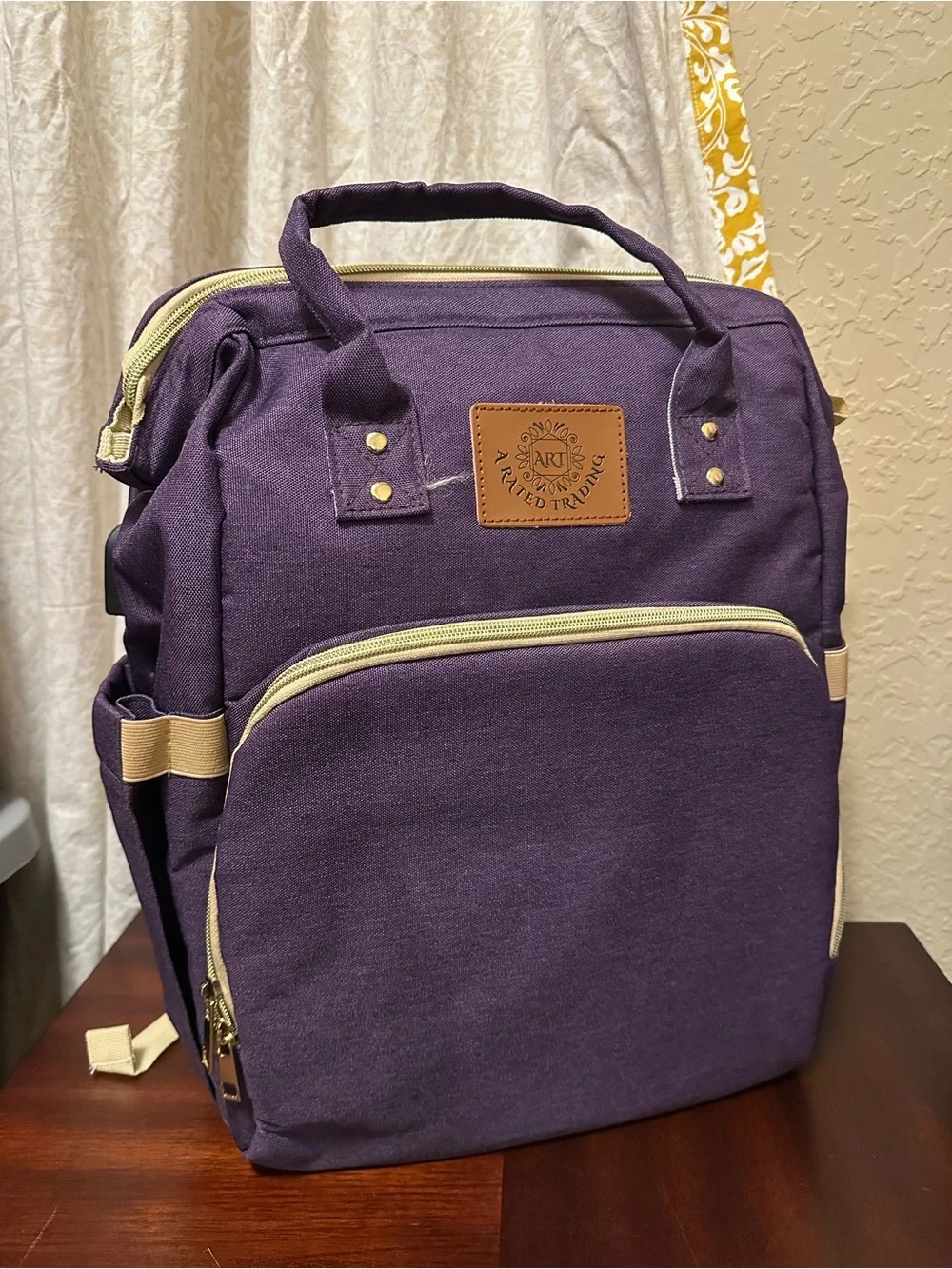 Purple Canvas Multi purpose Baby diaper Bag Backpack with Beige Trim